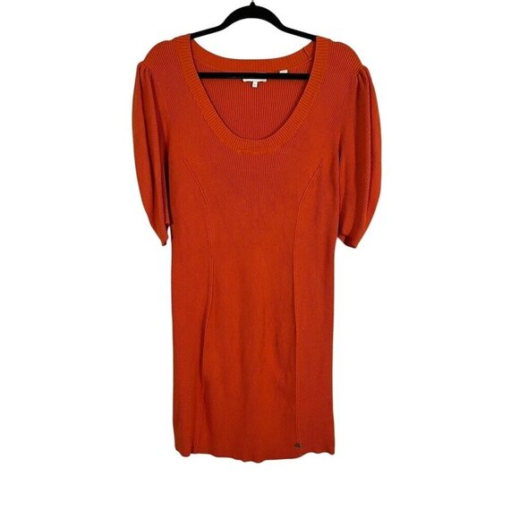 Ted Baker Dress 12 Orange Midi Puff Sleeve Dollra Bodycon Neutral Preppy Modern - Picture 2 of 16